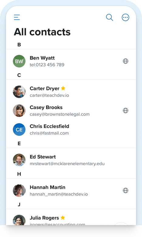 Screenshot of the Fastmail contacts app
