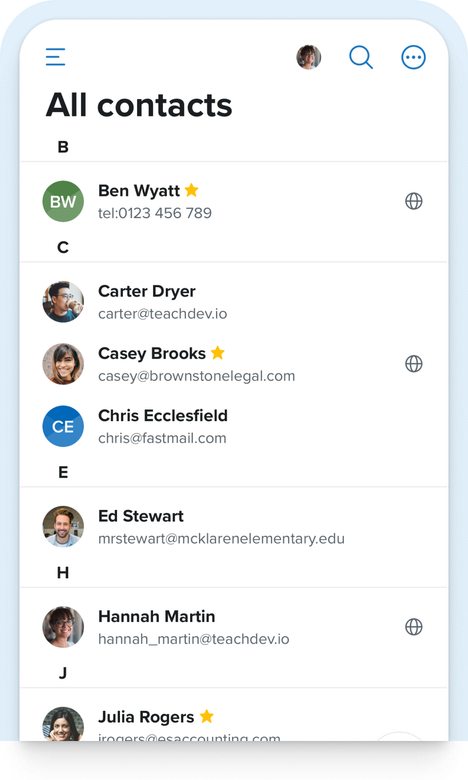 Screenshot of the Fastmail contacts app