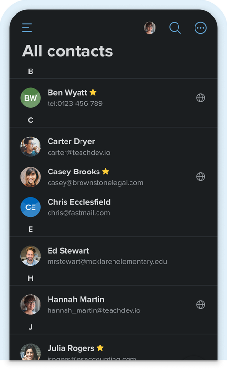 Screenshot of the Fastmail contacts app