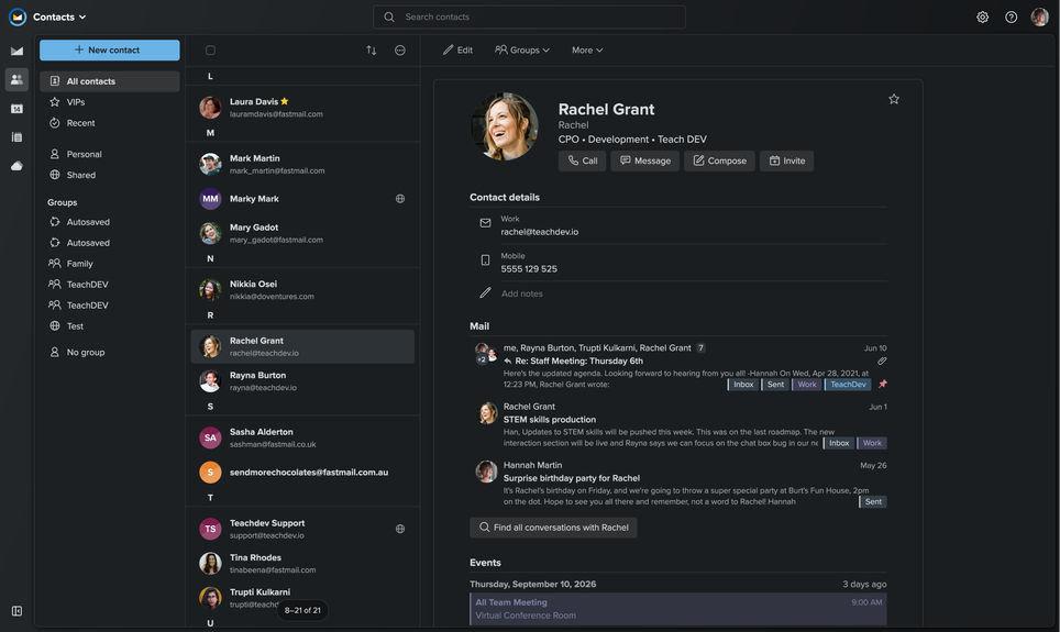 Screenshot of the Fastmail contacts app