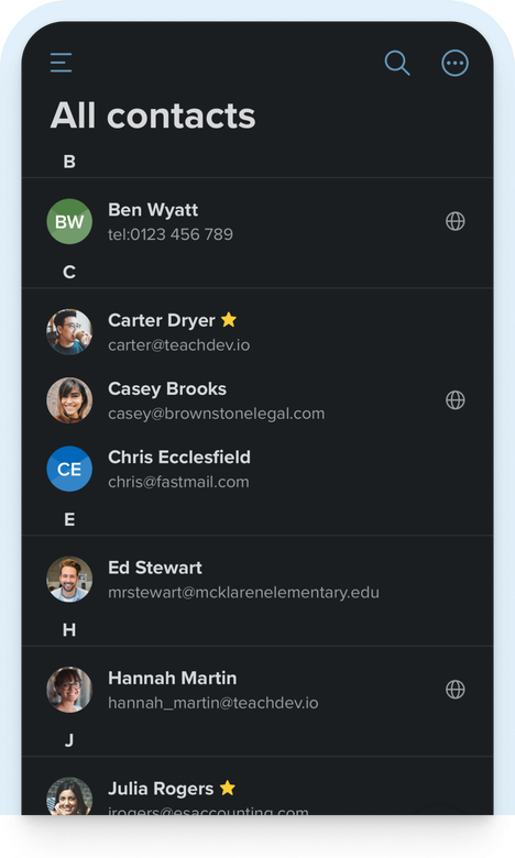Screenshot of the Fastmail contacts app