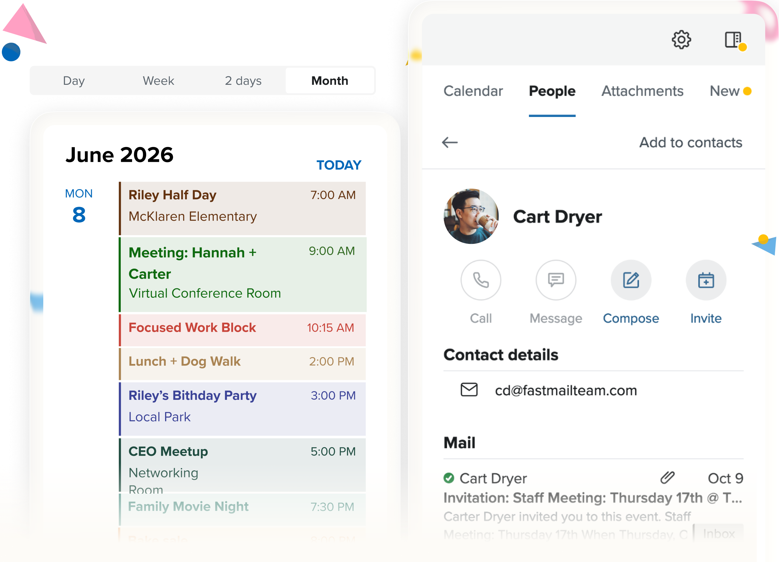 The Fastmail calendar and contacts apps side by side, showing a shared calendar and a contact card