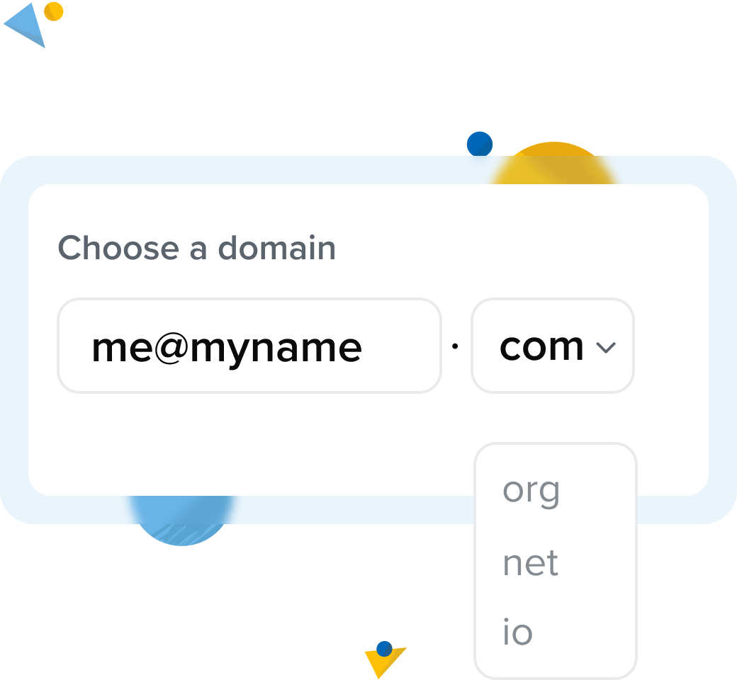 A decorative image showing examples of email addresses with custom domains, including: you@yourcompany.com, ed@yourcompany.com, hannah@yourcompany.com, sales@yourcompany.com
