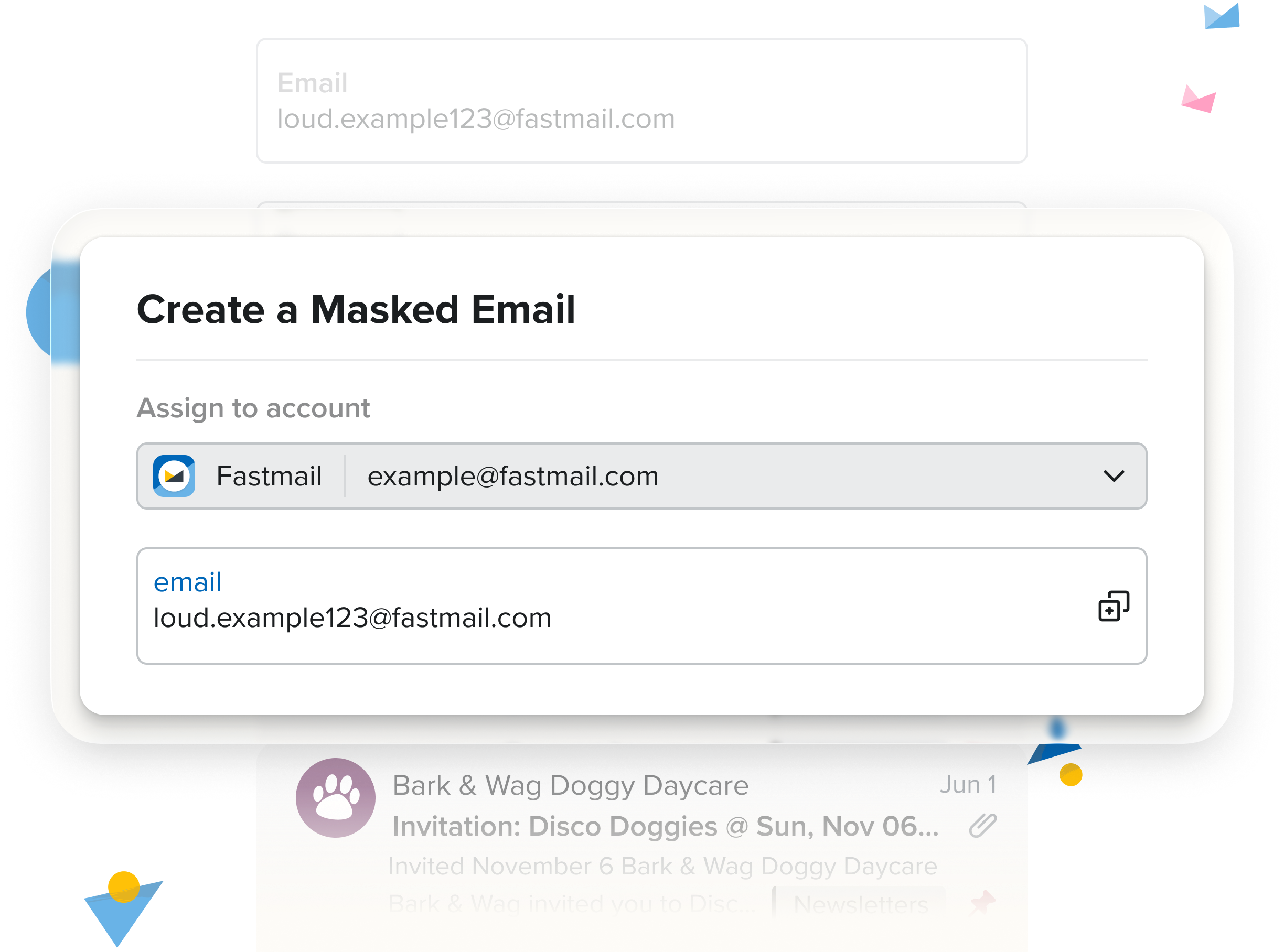 The Fastmail Masked Email screen, listing generated addresses alongside the site each one was created for