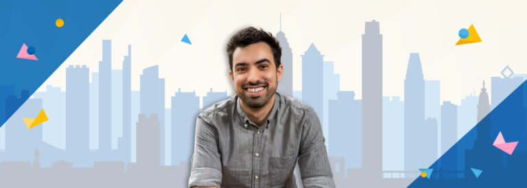 Image of Chasen in front of the Philly skyline